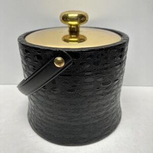 Kraftware Ice Bucket Faux Black Leather W/ Gold color Lid & Trim W/Ice Tongs MCM
